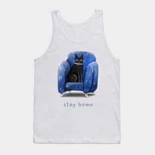 Cartoon black cat in a blue armchair and the inscription "Stay home". Tank Top